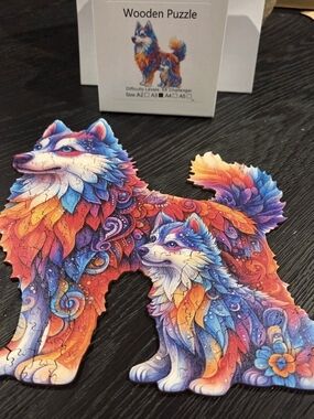 🧩 Colorful Husky & Pup Wooden Puzzle – Large Size (11" x 11")